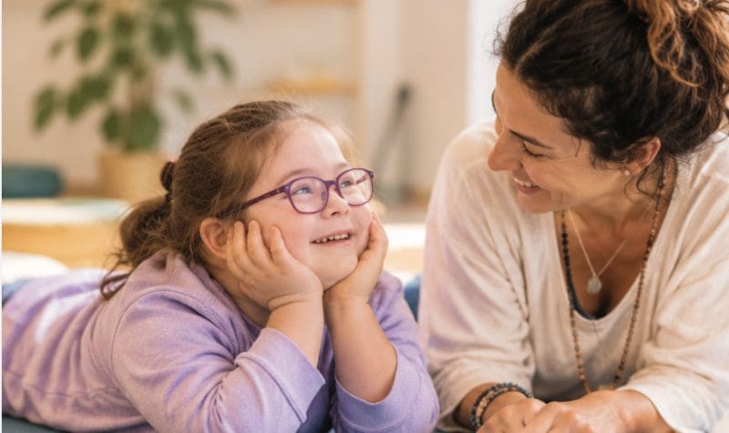 Bambina diversamente abile che guarda sorridente e felice la maestra, sdraiate entrambe sul tappetino yoga