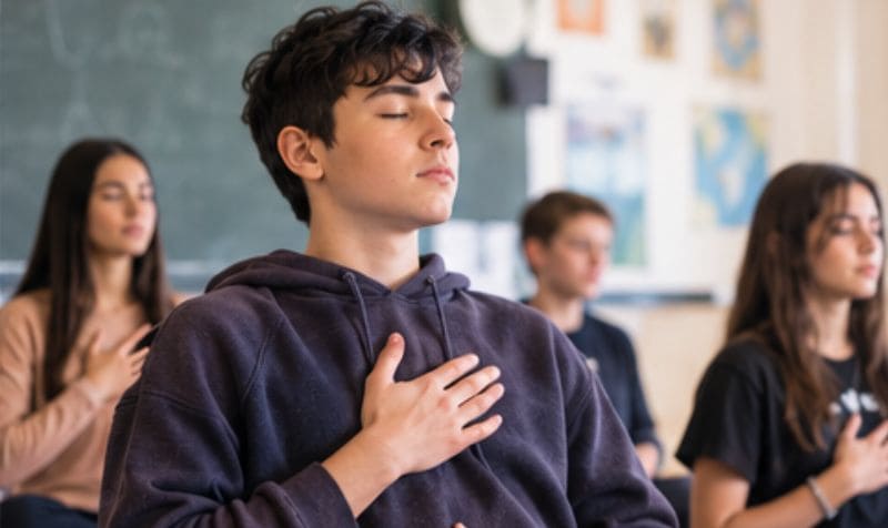 Ragazzi in classe con gli occhi chiusi e una mano sul cuore durante un esercizio di respirazione per la coerenza cardiaca.